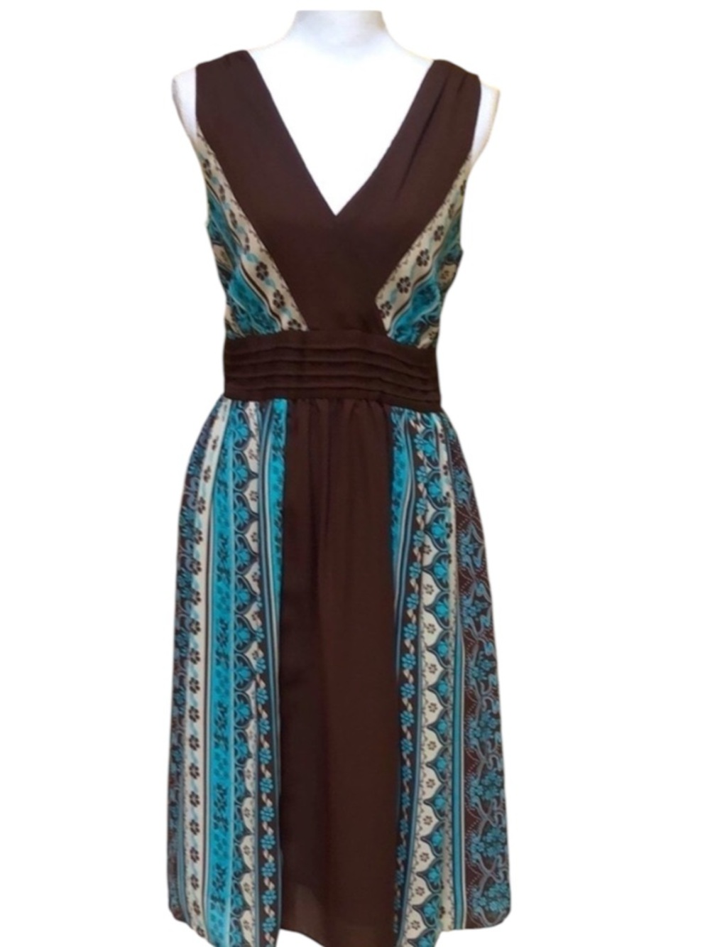 Sandra Darren Floral Brown & Aqua Boho Sleeveless V Neck Cocktail Party Dress 12 - Picture 14 of 16